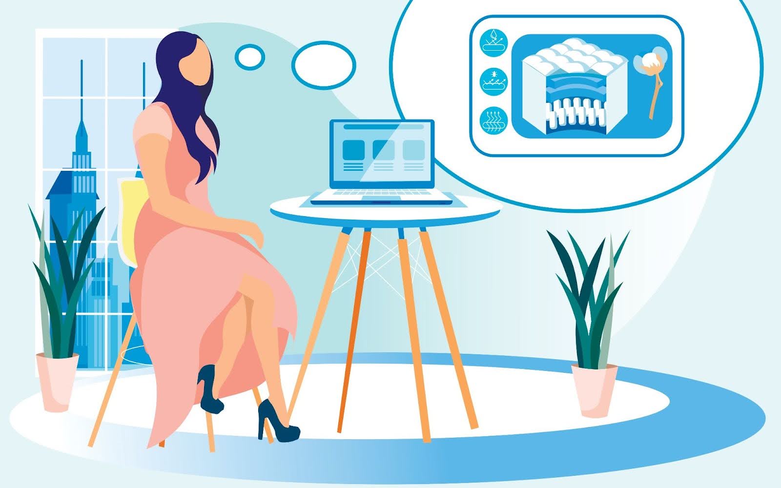 illustration of a woman sitting in front of a computer and thinking about how the mattress she’s buying looks in person