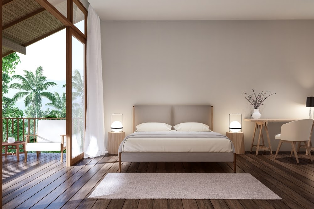 Bedroom with hybrid mattress and contemporary decor elements.