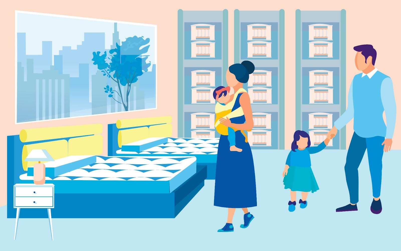 Illustration of a couple with children looking at two mattresses